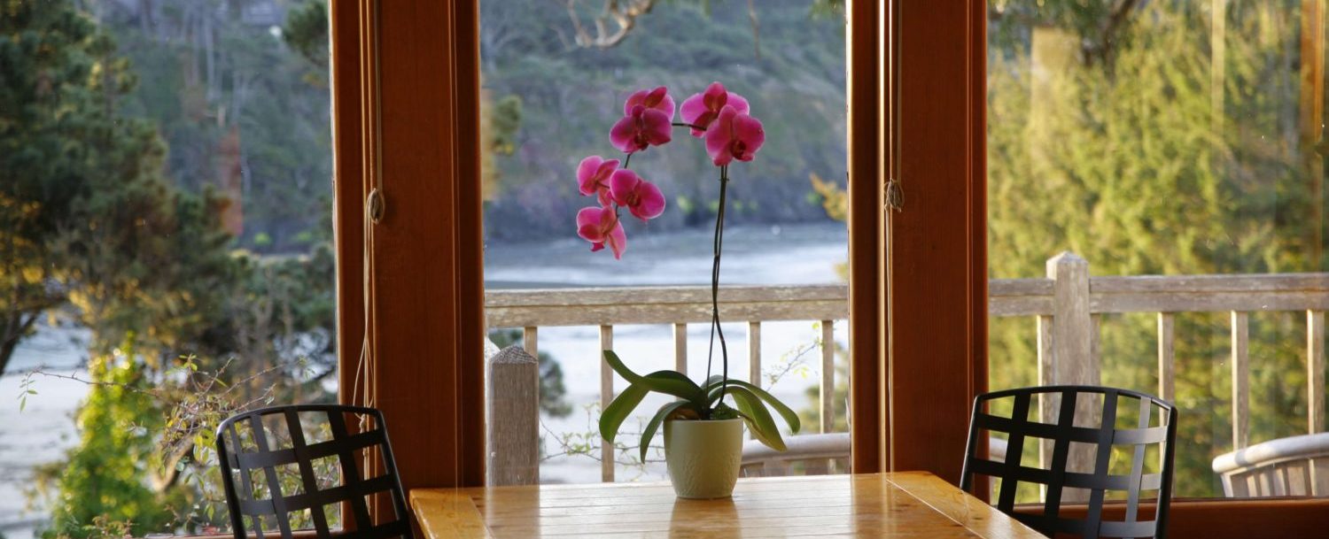 Pacific room - Table with Orchid as centerpiece - View of trees and sea beyond the railing of the porch